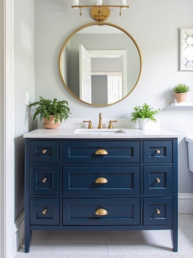Navy blue bathroom vanity with gold hardware and white quartz countertop.