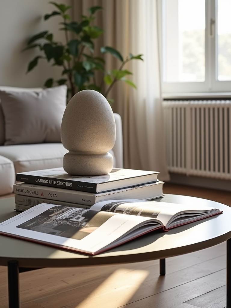 Stylish coffee table with a curated stack of coffee table books and a modern sculpture.