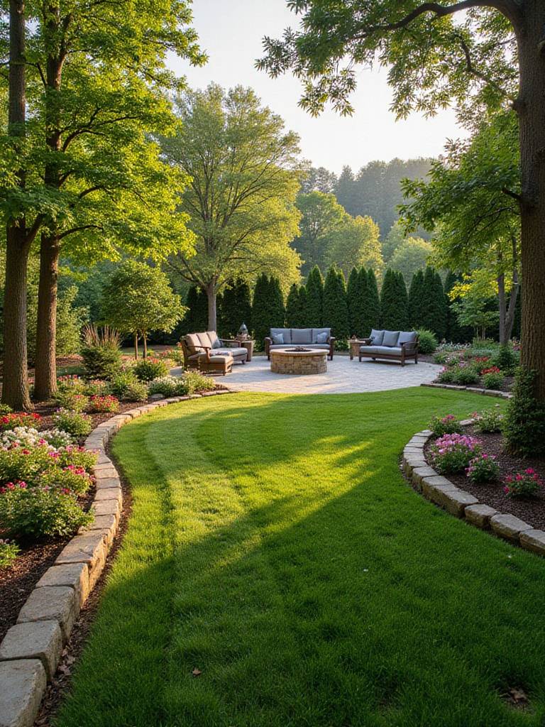 Landscaped backyard with patio, fire pit, and lush garden, enhancing home value.