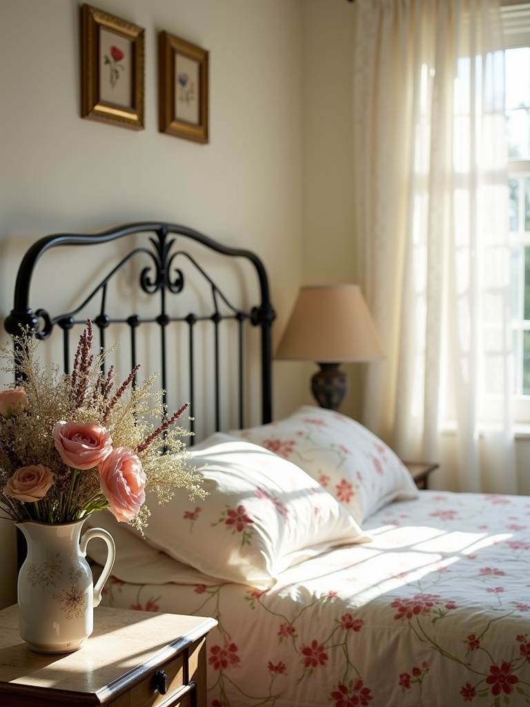 Vintage bedroom with dried lavender, roses, and baby’s breath in an antique vase on the nightstand.