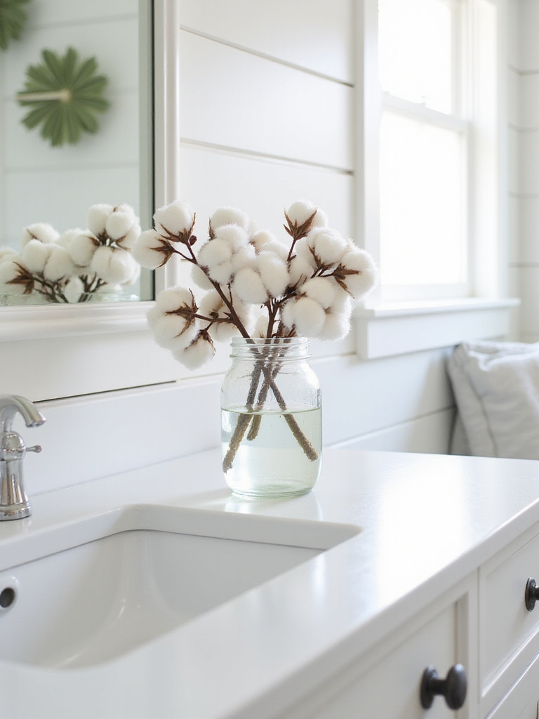 Cotton stems in a mason jar vase on a farmhouse bathroom vanity