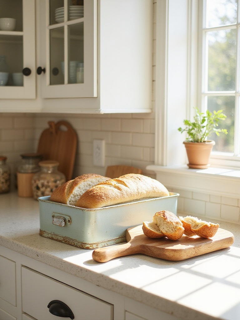 Vintage-style bread box on a kitchen counter with a loaf of bread