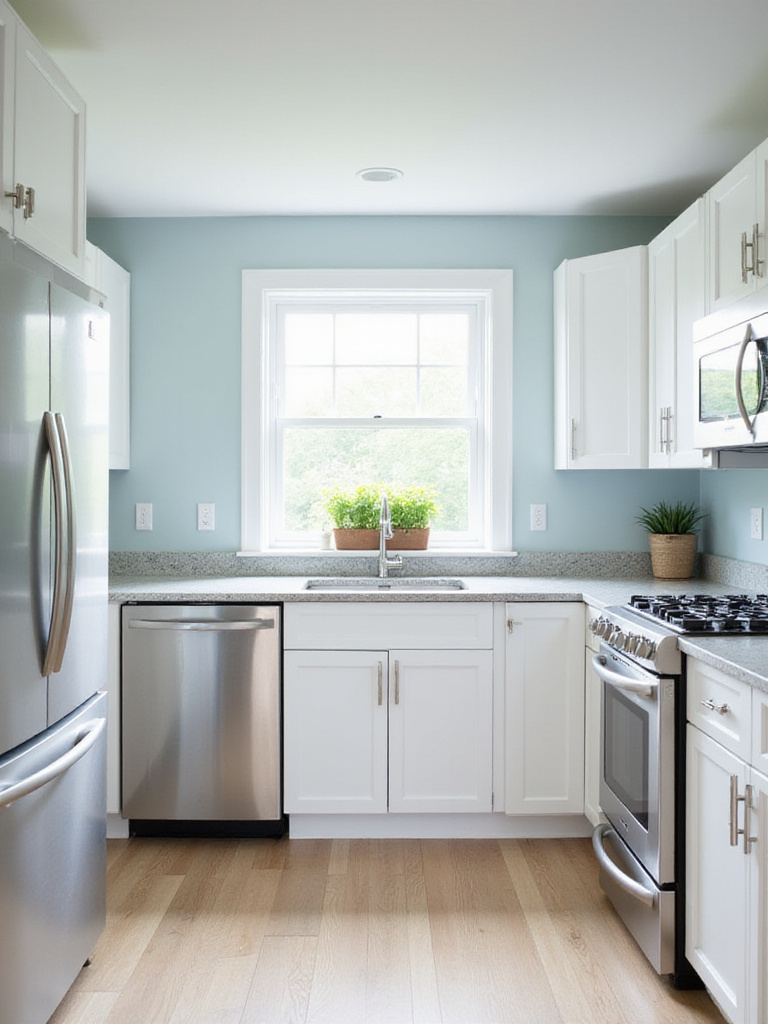 Bright and airy kitchen with pale blue walls and white cabinets.