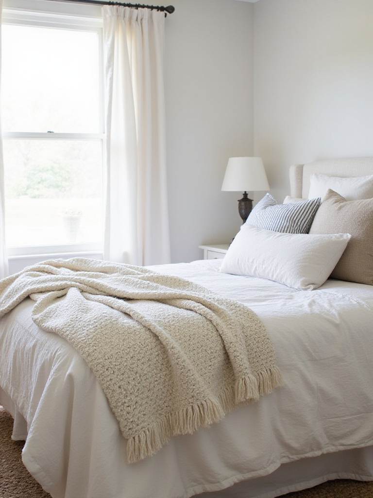 Farmhouse bedroom with linen bedding, wool throw, burlap curtains, and jute rug.