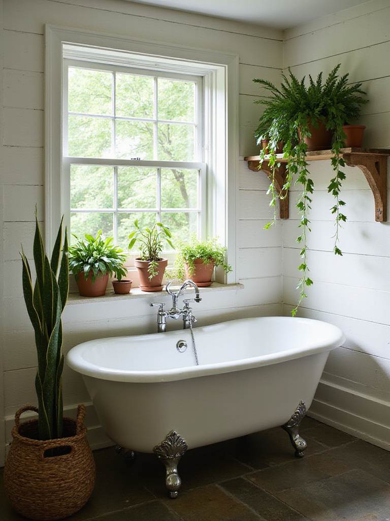 Rustic bathroom with greenery accents, including potted plants and trailing vines.