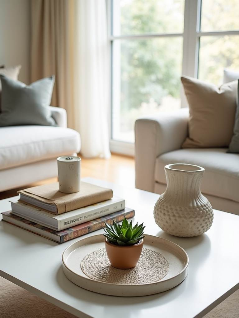 Coffee table styled with greenery, books, and decorative objects in a modern living room.