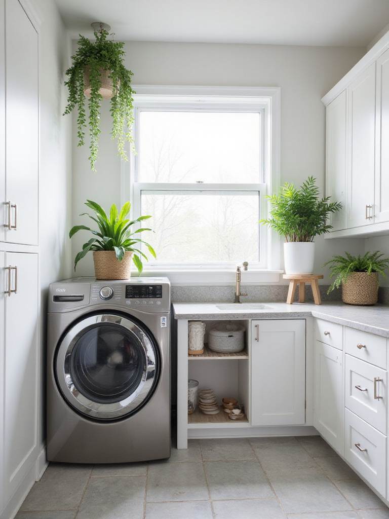 Laundry room decor with indoor plants for a fresh and stylish look.