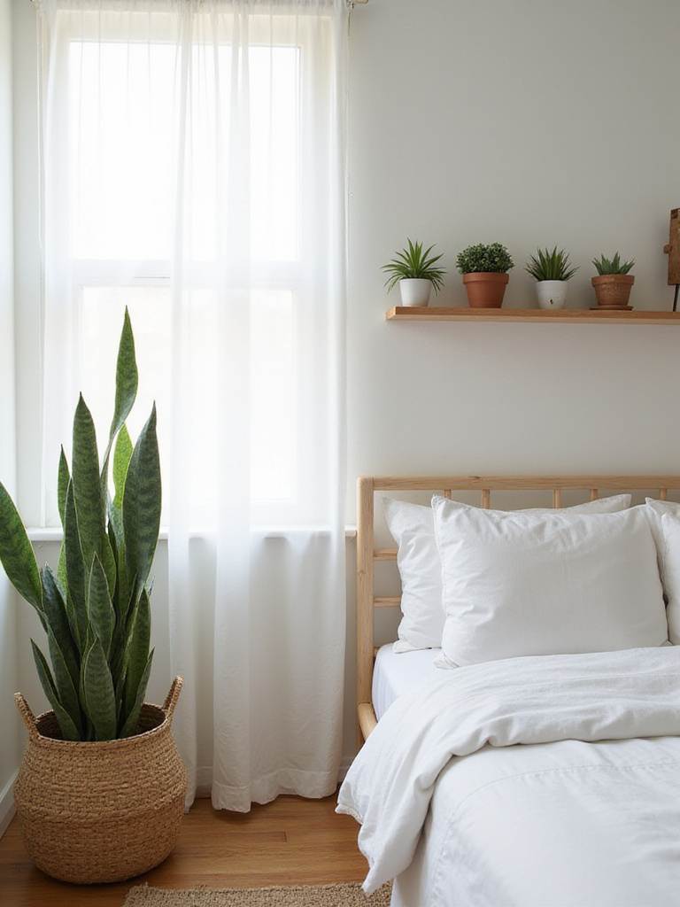 Minimalist bedroom with indoor plants creating a calming sanctuary