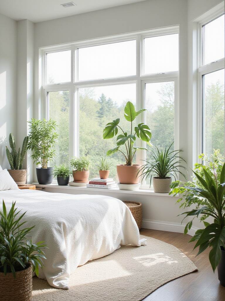 Master bedroom with indoor plants, promoting relaxation and clean air.