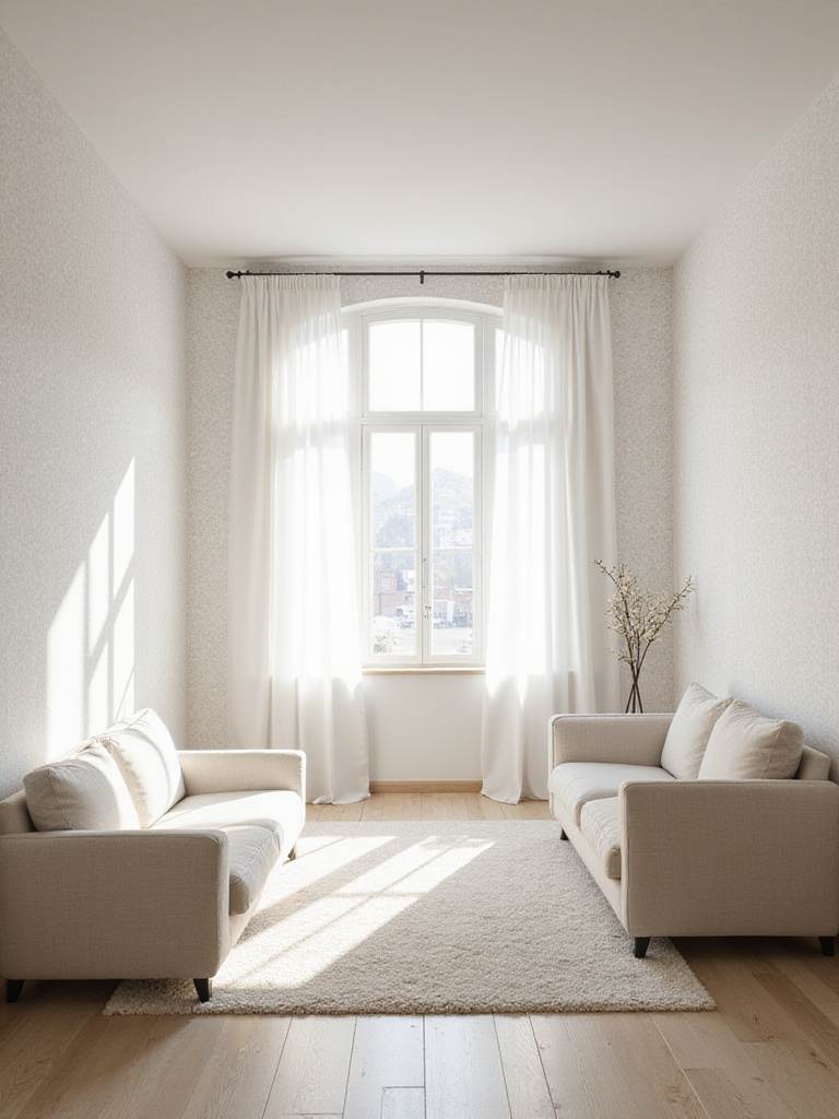 Small living room with light and airy wallpaper making the space feel larger