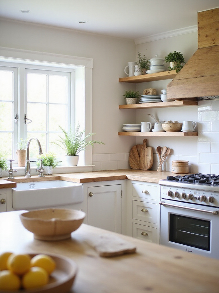 Cottage kitchen with white cabinets, butcher block island, and natural wood shelving.