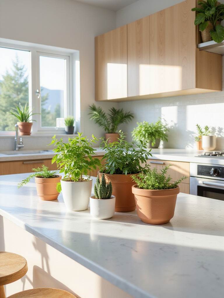 Kitchen island decorated with potted plants, succulents, and herbs.