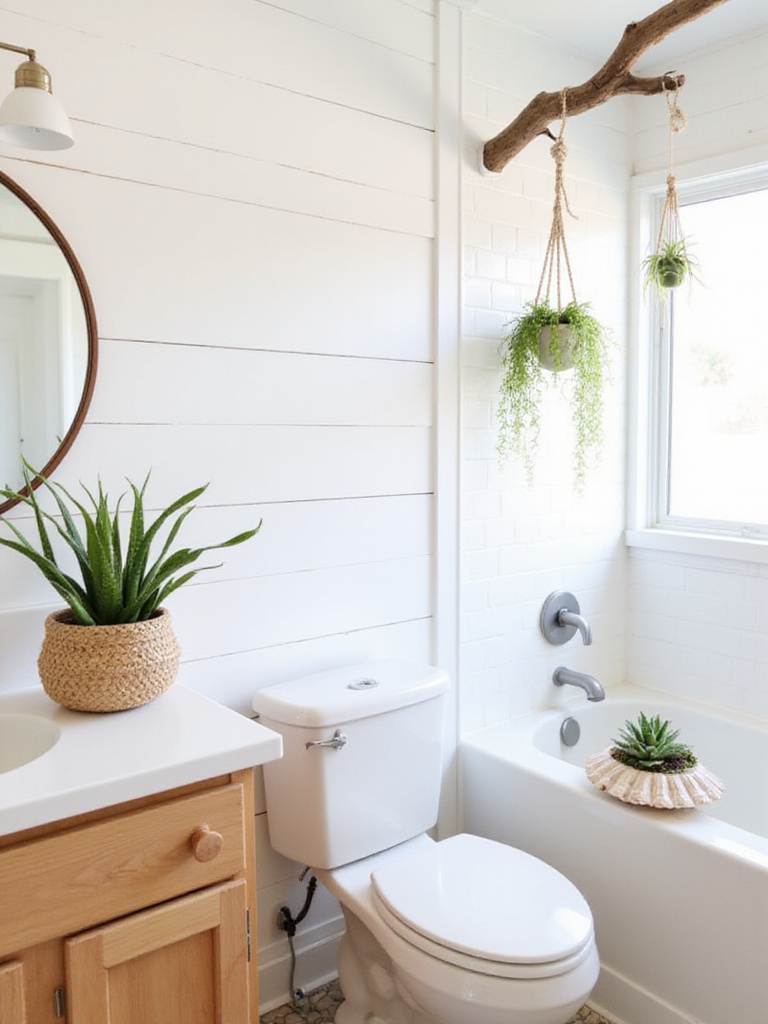 Coastal bathroom renovation featuring low-maintenance plants like snake plant, air plants, and succulents.