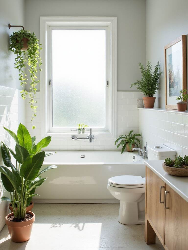 Modern bathroom with white tiles and natural light, enhanced by strategically placed plants like snake plant and pothos.