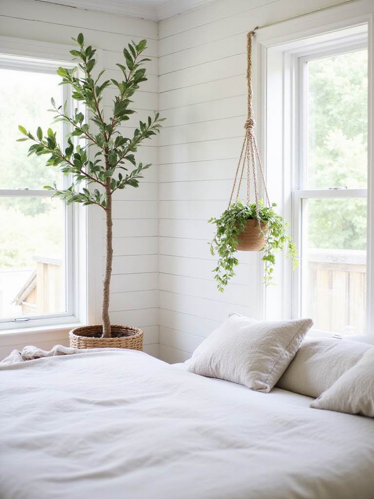Farmhouse bedroom decor with lush greenery, featuring an olive tree, hanging pothos, and wildflower bouquet.
