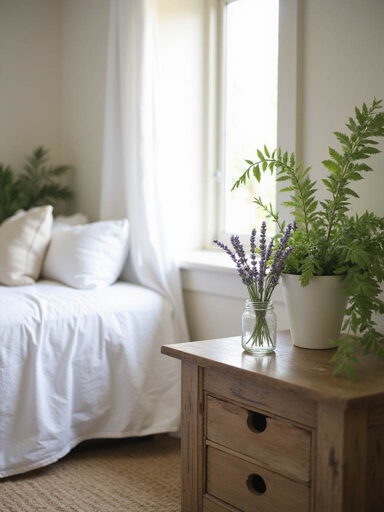 Farmhouse bedroom nightstand with lavender in mason jar and fern in white pot.