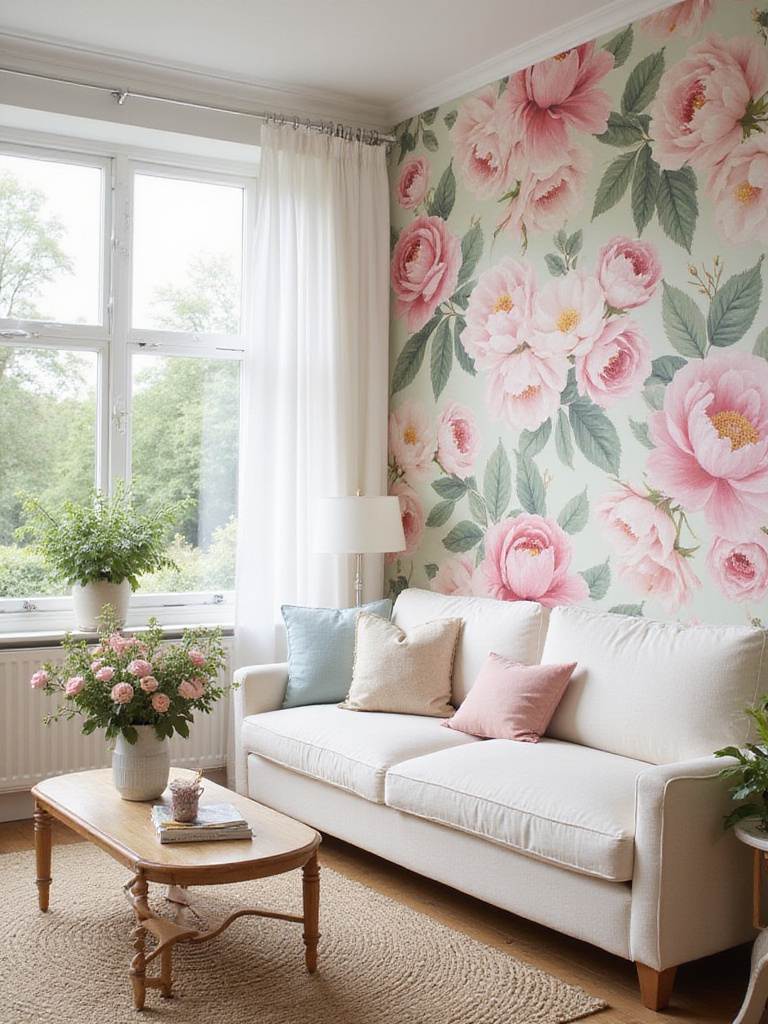 Living room with lush floral wallpaper featuring roses and peonies