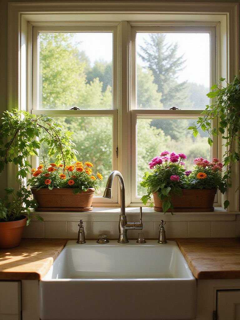 Cottage kitchen with window boxes overflowing with flowers.