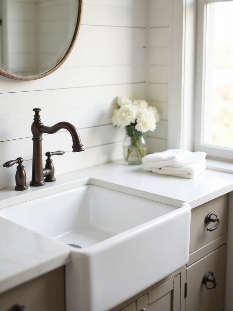 Oil-rubbed bronze gooseneck faucet on a white farmhouse sink in a farmhouse bathroom