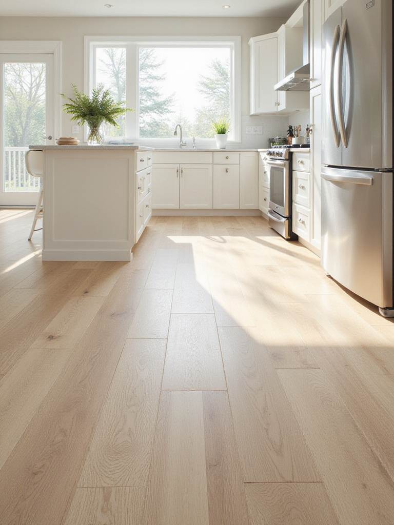 Modern kitchen with light wood-look laminate flooring