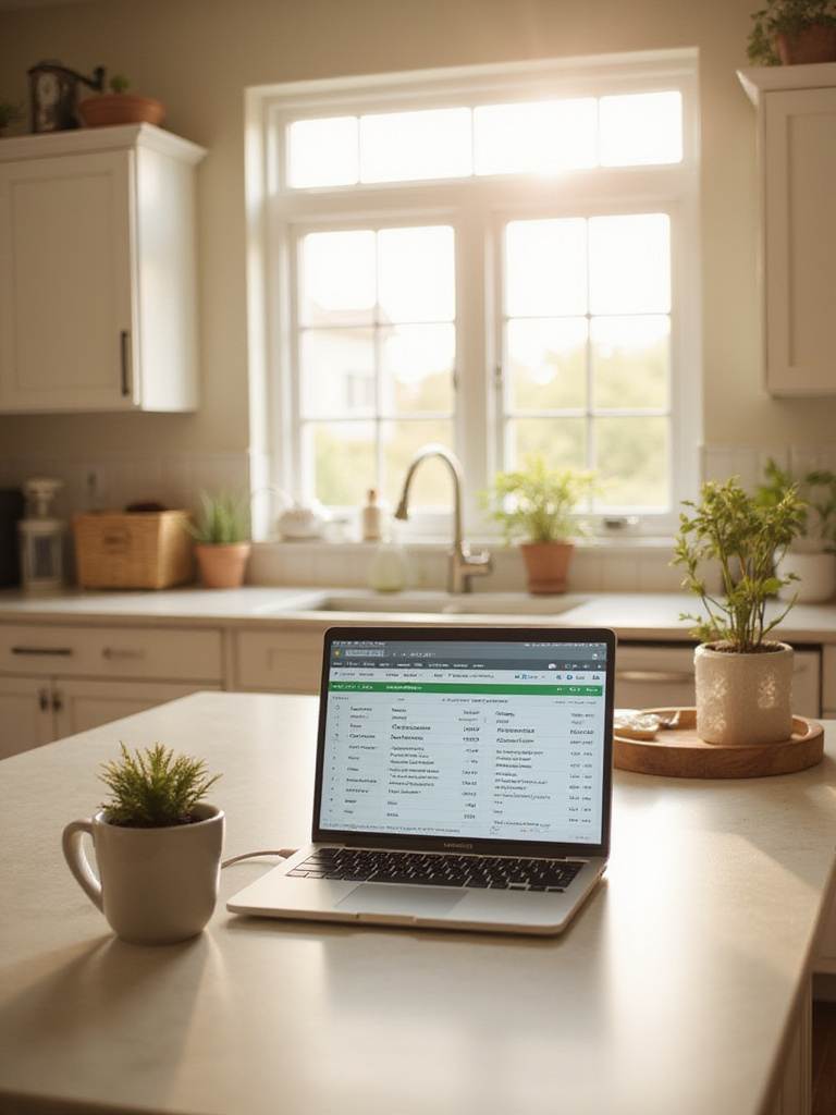 Kitchen island with laptop displaying a kitchen remodel budget spreadsheet