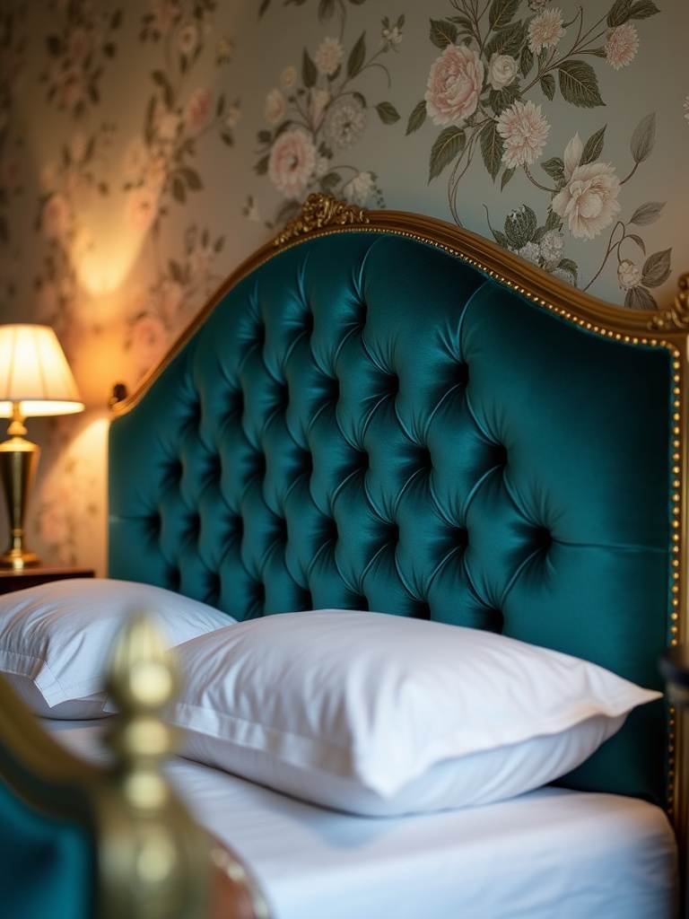 Button-tufted velvet headboard in a vintage bedroom