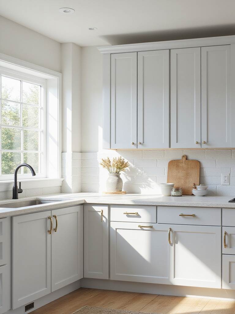 Kitchen with light gray painted cabinets