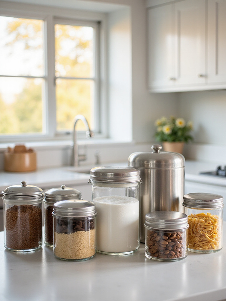 Stylish canister sets organizing dry goods on a kitchen countertop.