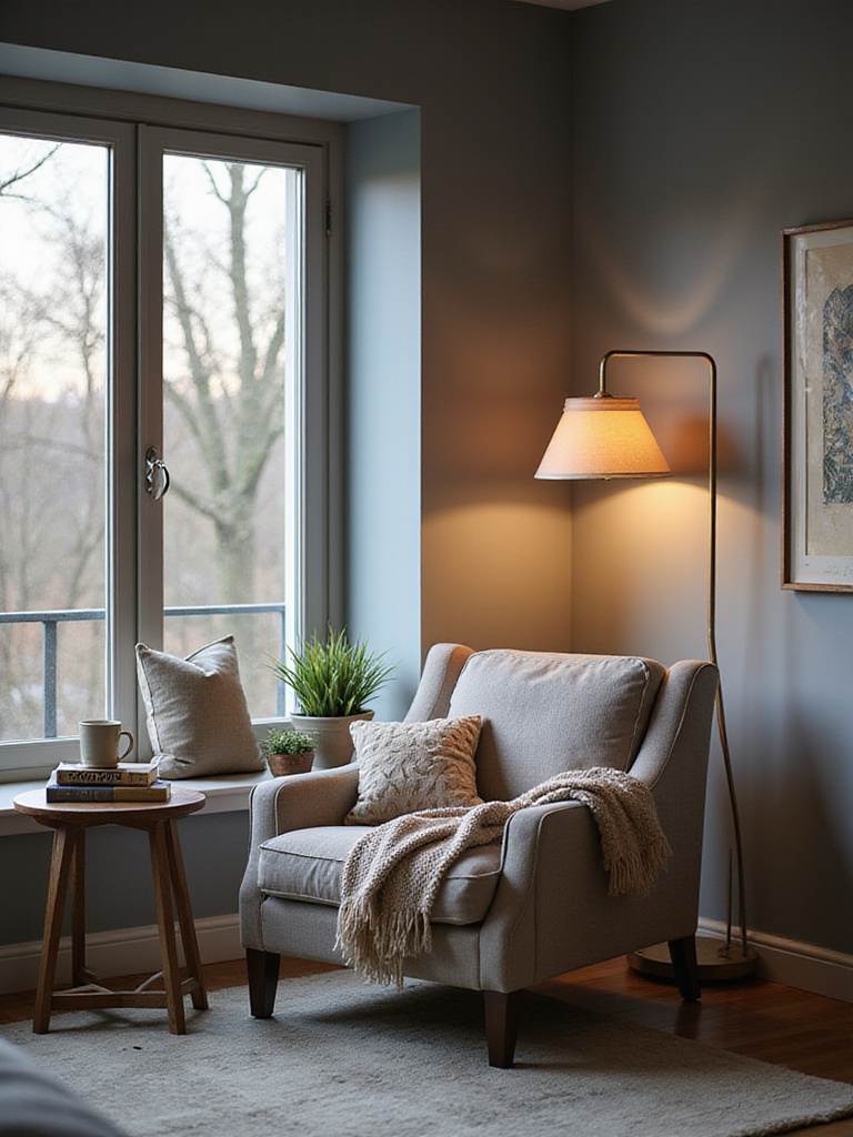 Cozy reading nook with armchair, books, and soft lighting in a master bedroom.