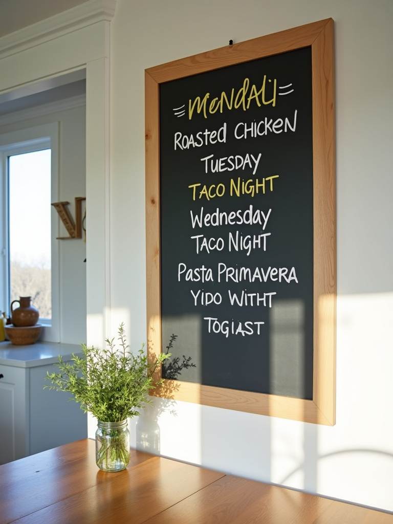 Charming chalkboard menu displaying weekly meals in a modern farmhouse kitchen