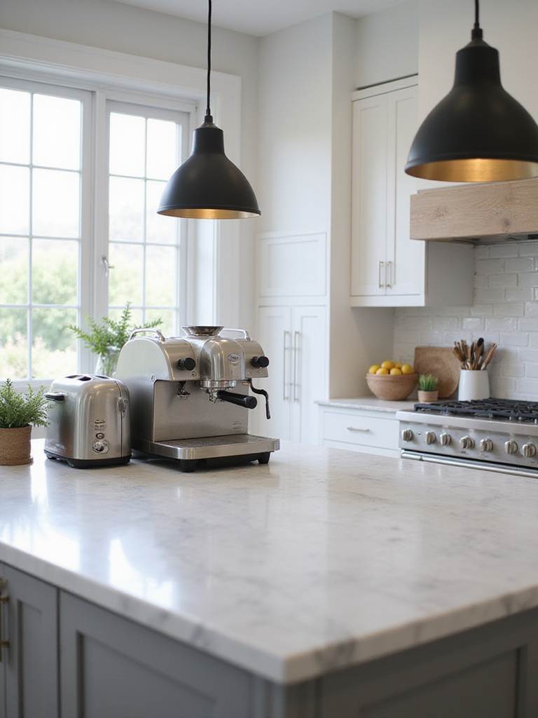 Modern kitchen island featuring stylish stainless steel espresso machine and toaster.