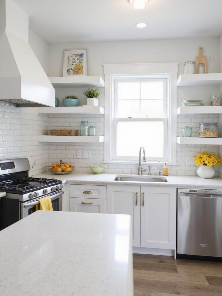 Durable and easy-to-clean materials in a small kitchen remodel: quartz countertops, ceramic tile backsplash, stainless steel appliances, and LVT flooring.