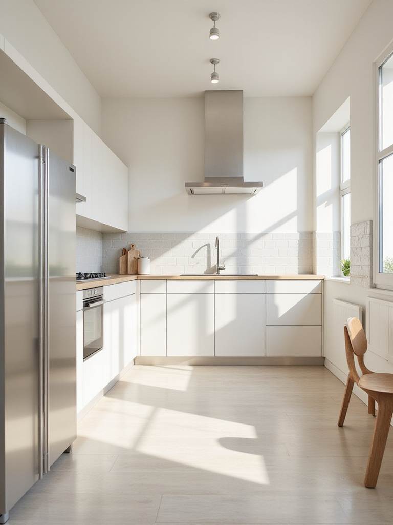 Small kitchen remodel featuring light and bright color palette to maximize space.