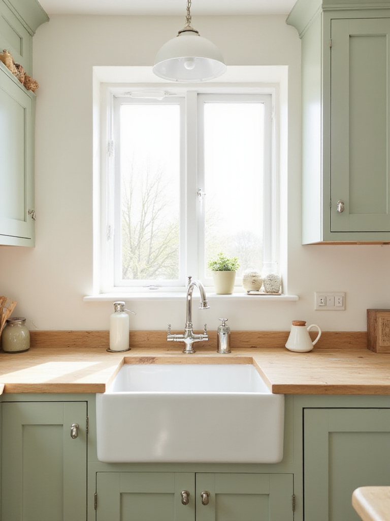 Light and airy cottage kitchen with soft white walls and pale sage green cabinets.