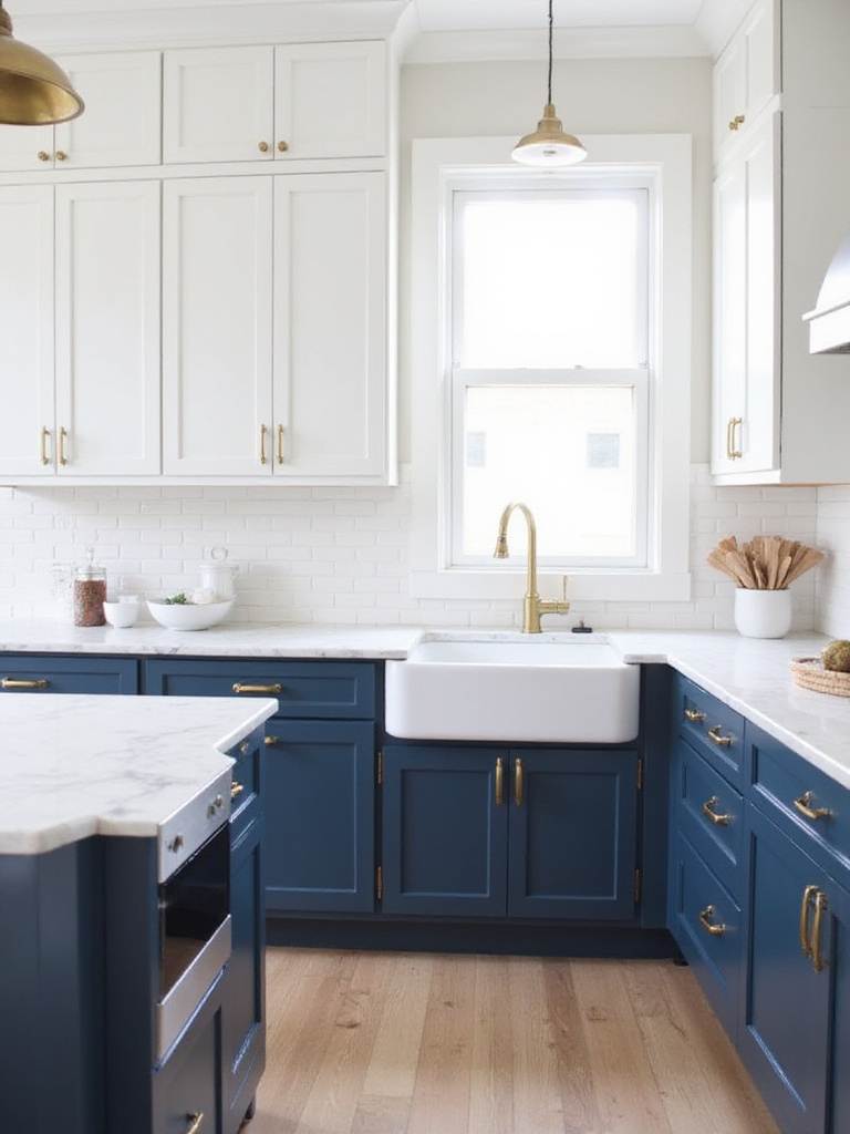 Classic blue and white kitchen with shaker cabinets, marble countertops, and brass hardware