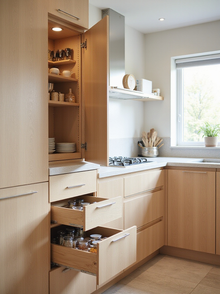 Modern kitchen with pull-out pantry, drawer dividers, and hidden spice rack showcasing clever storage solutions.