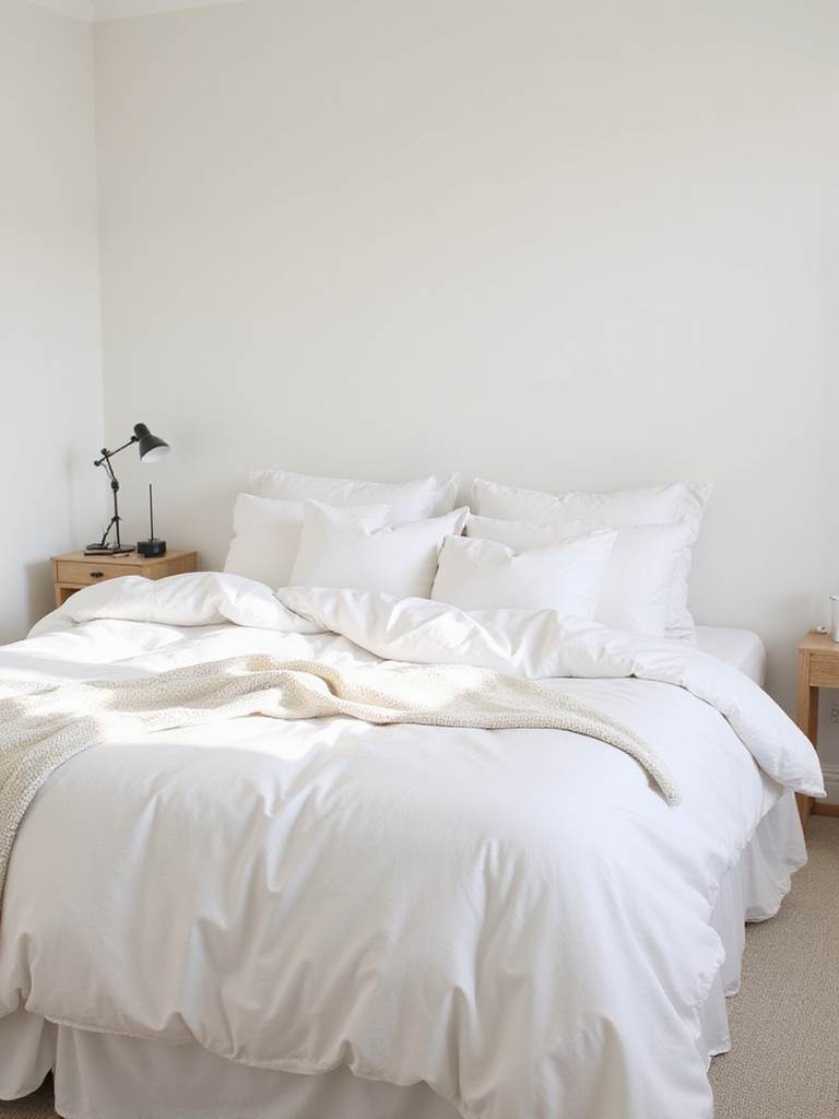 Serene white bedroom featuring cloud-like white bedding for ultimate comfort and elegance.