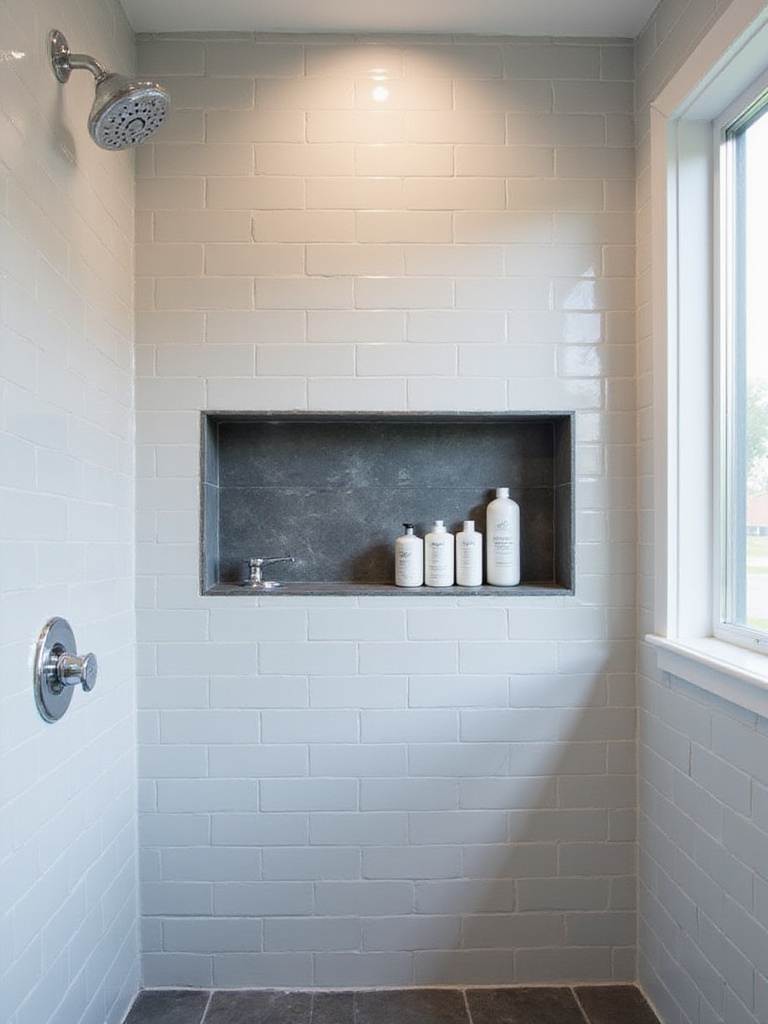Modern bathroom shower with built-in niche storage for shower essentials