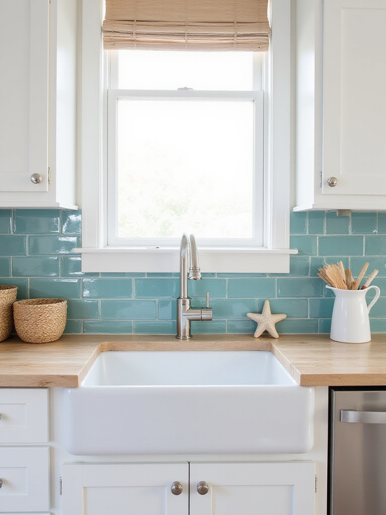 Teal glass subway tile backsplash in a modern coastal kitchen