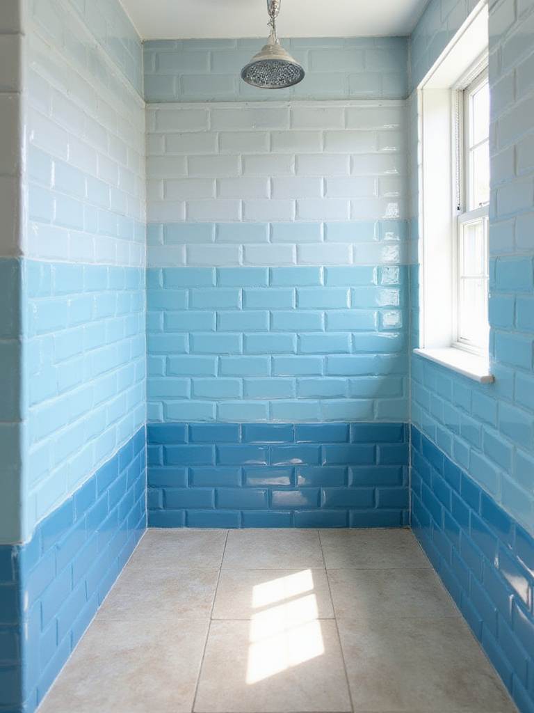 Coastal bathroom renovation featuring blue gradient subway tile shower and light beige porcelain floor tiles.