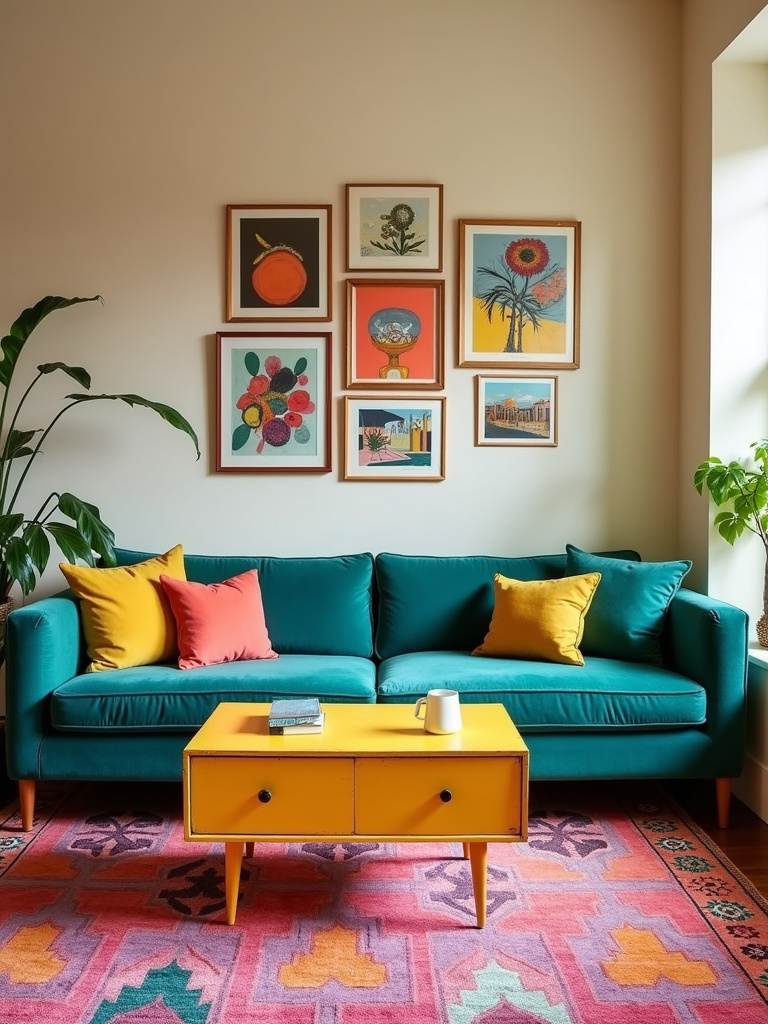 Eclectic living room with bold teal sofa, colorful throw pillows, and vibrant rug.