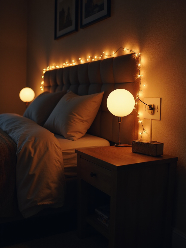 Warm and inviting bedroom lighting featuring bedside lamps and string lights with a 2700K-3000K color temperature.