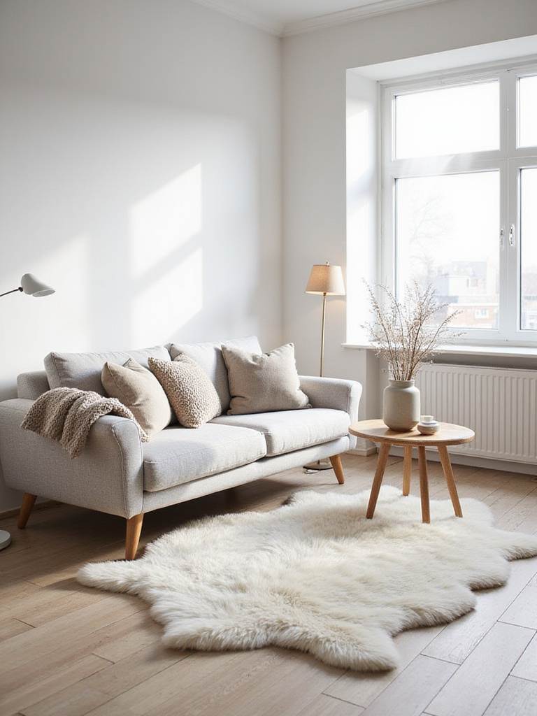 Cozy Scandinavian living room with soft textures and natural light, promoting relaxation and well-being.