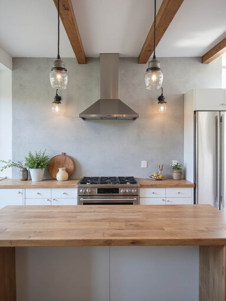 Modern kitchen with light gray concrete backsplash, stainless steel appliances, and butcher block countertop.
