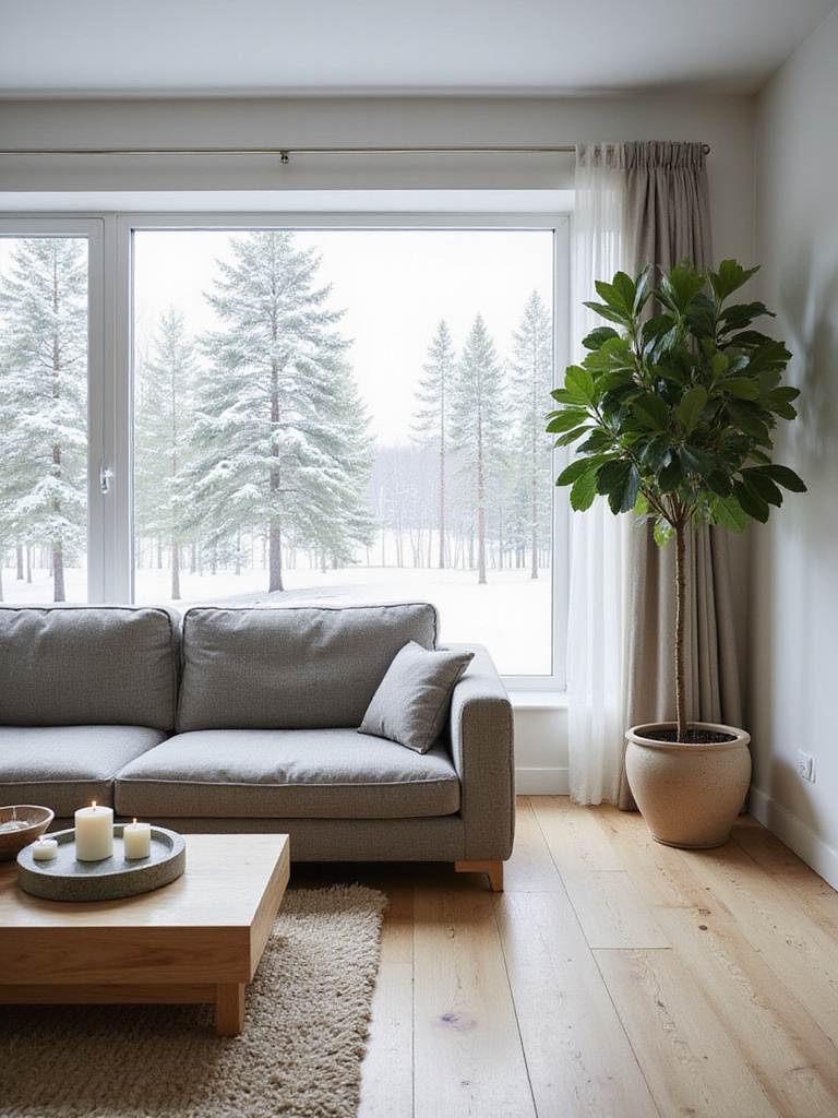 Scandinavian living room with natural wood, plants, and a view of a snowy forest, creating a hygge atmosphere.