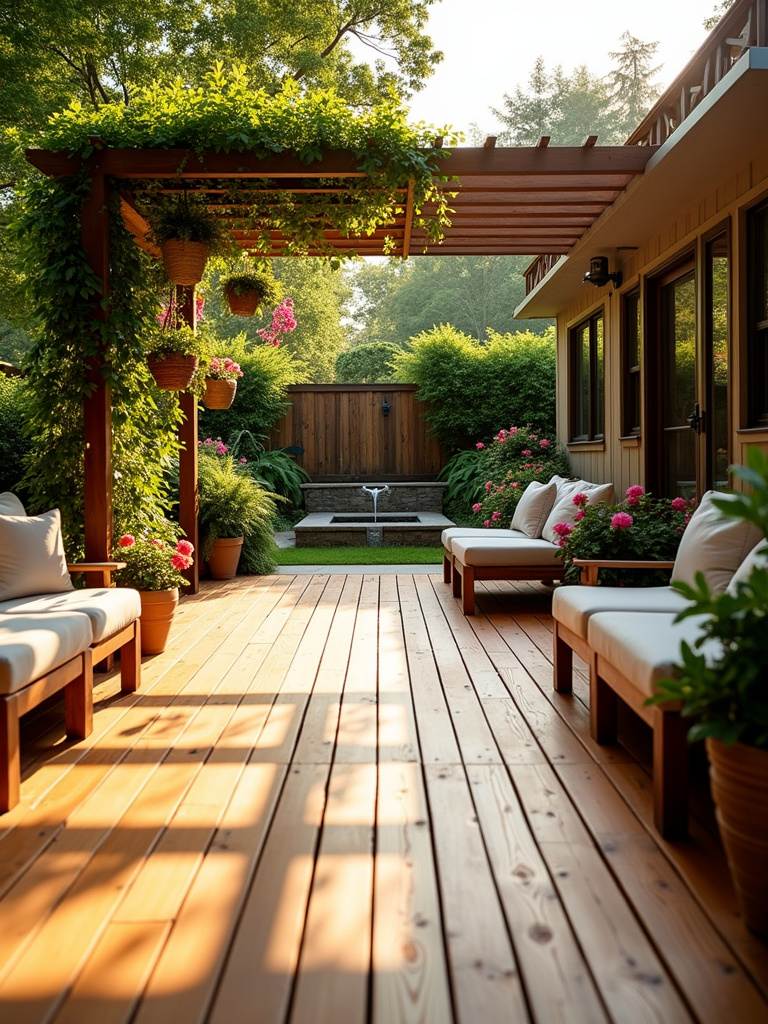 Warm and inviting wooden deck patio with built-in seating, lush greenery, and a pergola, creating a natural outdoor escape.