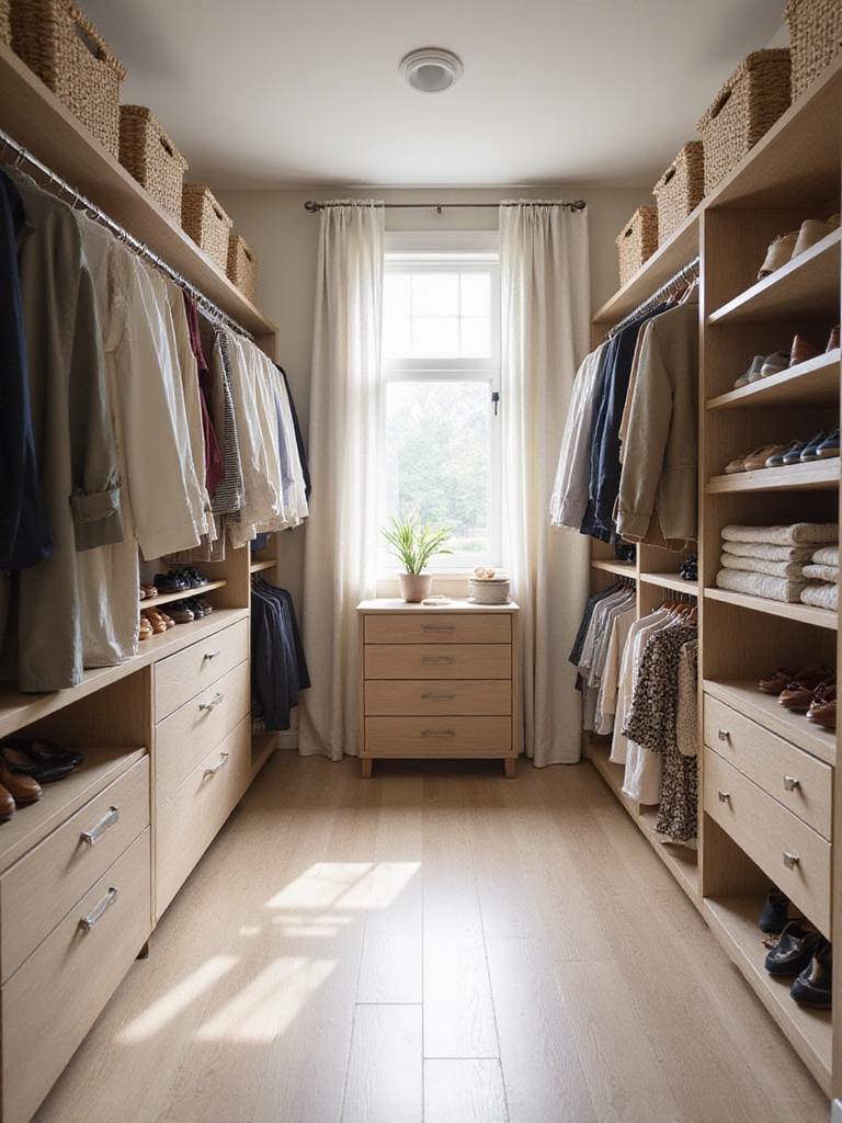 Well-organized walk-in closet with custom shelving and hanging rods.