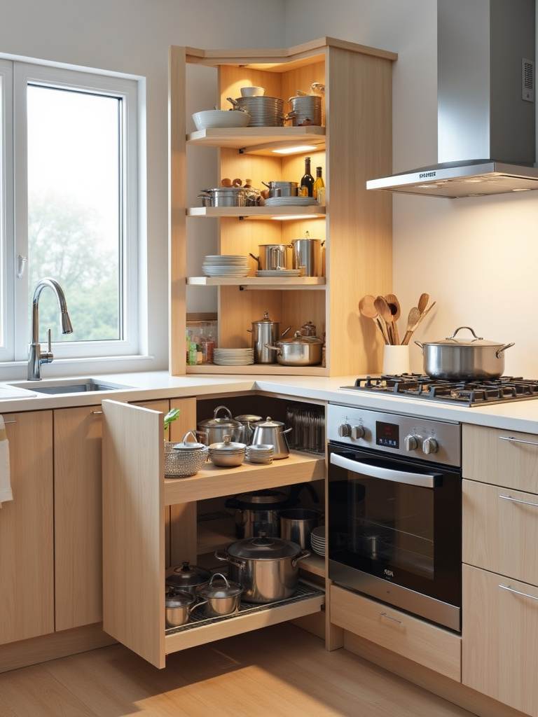 Small kitchen corner cabinet with Magic Corner pull-out system maximizing storage space.