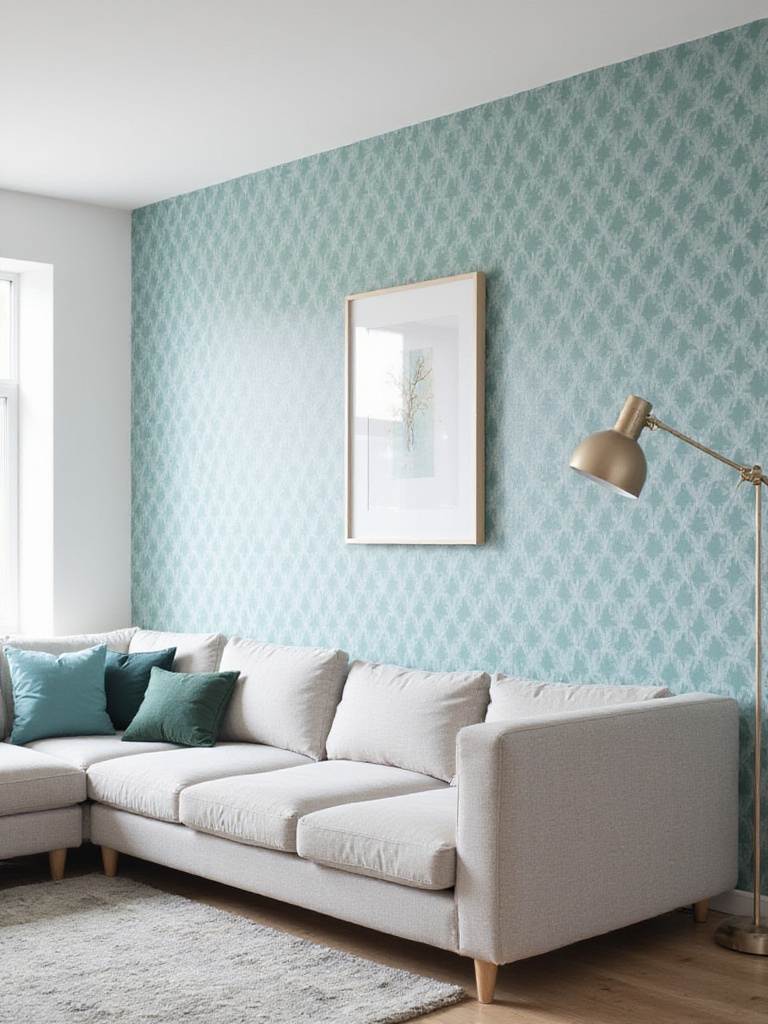 Living room with teal and grey geometric removable wallpaper accent wall