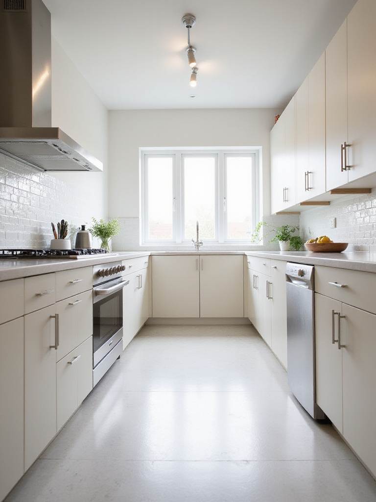 Small galley kitchen with light cabinetry and stainless steel appliances, maximizing space efficiency.